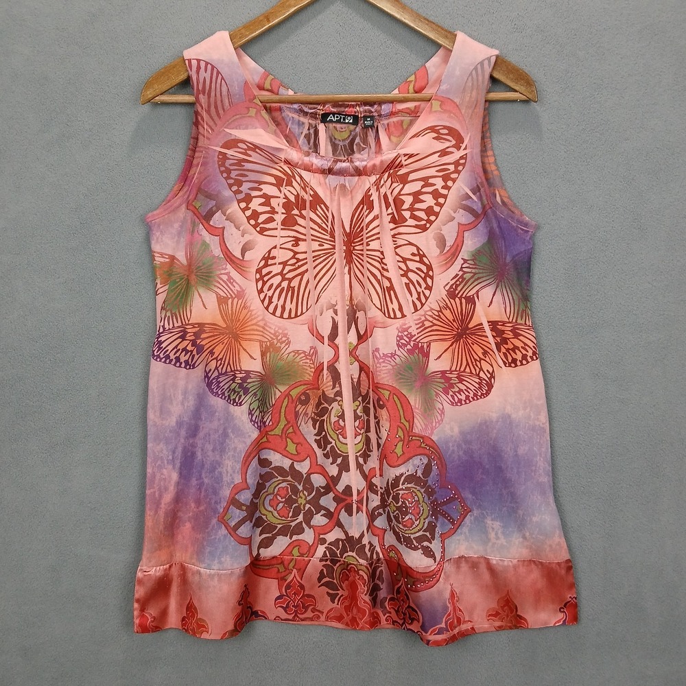 APT. 9 Tank Top Womens Medium Pink Multi Butterfly Print Pleated Pullover Boho